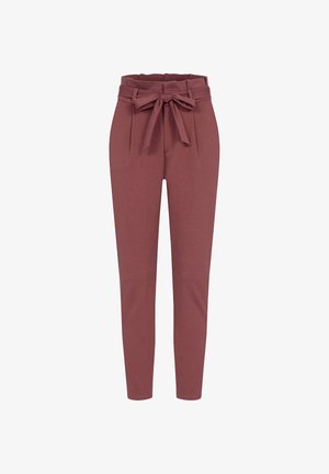 Skræddersyede bukser i rust-rødt stof med højtaljet, bælte og tilspidsede ben. Glat tekstur med forstykker foran for ekstra detaljer.