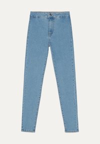 Ljust blå, slim-fit denimjeans med knappstängning och framfickor. Har en lätt urtvättad look och rak byxdesign.