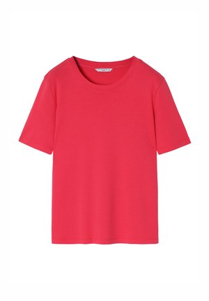 T-shirt en coton rouge avec un col rond et des manches courtes, présentant une texture lisse et un ourlet droit. Sans motifs ni accents.