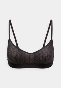 Sort mesh bralette med et geometrisk mønster, justerbare stropper og et mærket elastisk bånd med "Calvin Klein" i et diskret tryk.