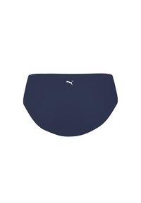 Marineblaue Bikiniunterteile mit glatter Oberfläche, die ein weißes Puma-Logo auf der Vorderseite tragen. Das Design ist minimalistisch und figurbetont.