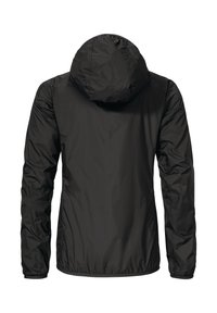 Schwarze leichte Jacke mit Kapuze, die eine glatte, glänzende Textur und elastische Bündchen aufweist. Das Design ist minimalistisch und hat keine sichtbaren Logos.