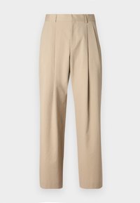 Beige plisserade byxor med en jämn textur, hög midja och raka ben. Tillverkade av lättviktig tyg, lämpliga för olika tillfällen.