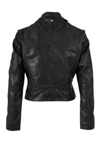 Zwarte leren jas met een getailleerd ontwerp, lange mouwen en een ronde hals. Voorzien van een naaddetail langs de rug en een druksluiting.