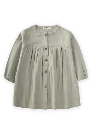 Helles, grünes Kleid mit langen Ärmeln, Rundhalsausschnitt, Knöpfen vorne und geraffter Taille. Aus strukturiertem Stoff mit Holzknöpfen gefertigt.