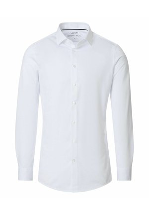 Hvid herre-skjorte med lange ærmer, knaplukning foran, klassisk krave og slank pasform designet på en ensfarvet hvid baggrund.