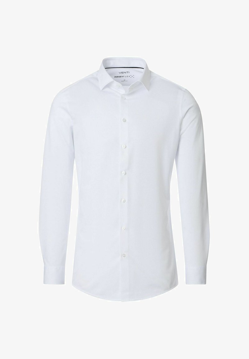 Weißes Herrenhemd mit langen Ärmeln, Knopfleiste, klassischem Kragen und schlankem Schnitt auf schlichtem weißem Hintergrund.