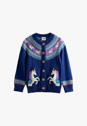 Modrý pletený kardigán s okrúhlym výstrihom, drevenými gombíkmi a aplikáciami jednorožca na prednej strane. Dekoratívny vzorovaný yoke v pastelových farbách.