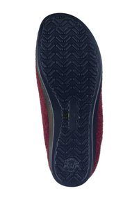 Maroon slipper with a textured navy rubber sole, featuring a patterned grip for traction and a soft fabric upper for comfort.