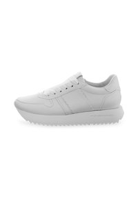 Baskets de sport blanches en matériau synthétique, avec une finition lisse, un design à lacets, une semelle surélevée et un motif en zigzag sur le côté.