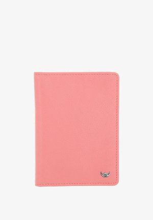Soft pink leather wallet with visible stitching and small silver Viking helmet logo in the bottom right corner.