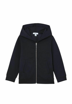 Marineblauwe zip-up hoodie gemaakt van zacht materiaal, met een grote capuchon, zijzakken en geribbelde manchetten. Minimalistisch ontwerp zonder zichtbare patronen.