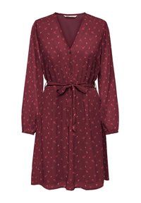 Robe bordeaux à manches longues, décolleté en V, fermeture par boutons à l'avant, et ceinture à nouer. Présente un motif floral et une texture de tissu légère et fluide.