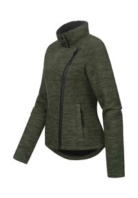 Veste vert olive avec une fermeture éclair sur le devant, tissu texturé, col en polaire et deux poches latérales. Comprend une poche zippée diagonale sur la poitrine.
