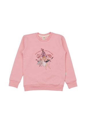 Pink long-sleeve sweatshirt with a fairy illustration surrounded by flowers and text reading "Nature awakens where fairies arrive."