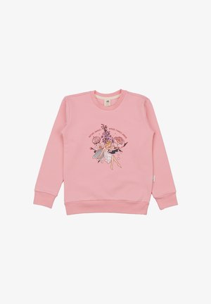Rosa Langarm-Sweatshirt mit einer Illustration einer Fee, umgeben von Blumen, und dem Text "Die Natur erwacht, wo Feen erscheinen."