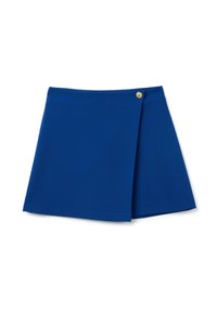 Mini gonna blu con design avvolgente, caratterizzata da un bottone dorato in vita. Realizzata in tessuto liscio con una finitura pulita.
