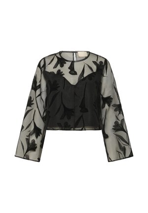 Haut court noir transparent à manches longues avec floquage en velours floral et col rond, présentant un corsage intérieur noir ajusté.