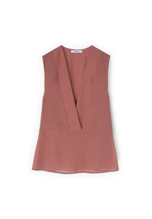 Blusa senza maniche color rosa polvere con scollo a V profondo e orlo a peplo, realizzata in tessuto leggero, vista dall'alto su sfondo bianco.