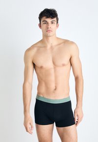 Čierne bavlnené boxerské trenky s zeleným pásikom, na ktorom je názov značky "SCHIESSER" v svetlosivej farbe, oblečené bez trička mužským modelom.