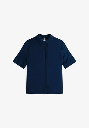 Mørkeblå kortærmet skjorte lavet af glat stof med spidse kraver og for-trykknapper. Har en afslappet pasform og stikninger ved sømmene.