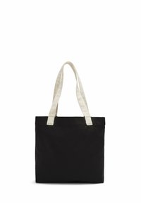 Borsa tote in tessuto nero con manici in cotone color crema. Forma rettangolare, texture liscia e design minimalista senza hardware visibile.