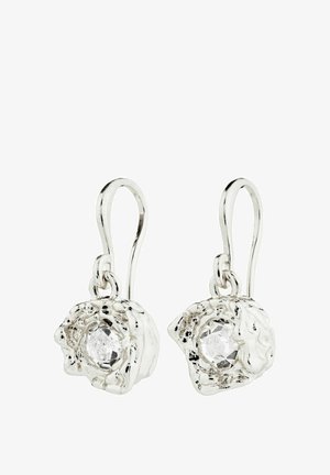 Uhane uhane v srebrni barvi z teksturiranim okroglem oblikovanjem in prozornim kristalnim središčem. Zapiranje v obliki kljuke za varno nošenje.