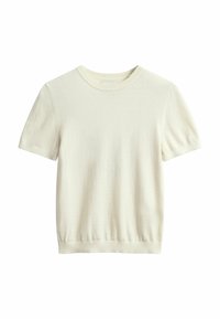 Kurzärmeliger, cremefarbener Pullover aus weichem Strickmaterial, mit rundem Halsausschnitt und gerippten Bündchen. Keine sichtbaren Muster oder Akzente.