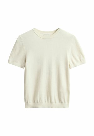 Kurzärmeliger, cremefarbener Pullover aus weichem Strickmaterial, mit rundem Halsausschnitt und gerippten Bündchen. Keine sichtbaren Muster oder Akzente.