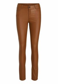 Pantalones de piel sintética marrones, ajustados, con una textura suave, silueta esbelta y diseño tradicional de cinco bolsillos, con cierre de botón en la parte frontal.