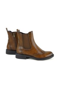 Braune Leder-Ankle-Boots mit elastischen Seiteneinsätzen, einem Reißverschluss, dekorativen Broguemustern und einem niedrigen Blockabsatz.