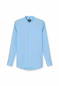 Lichtblauw langemouwen shirt met een bandkraag, knoopsluiting aan de voorkant en een licht gebogen zoom. Zachte stoftextuur en subtiele stikdetails.