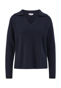 Laivastonsininen neulepaita, jossa on V-pääntie ja leveä kaulus. Paitassa on pitkät hihat ja rento malli. Pintakuviointi ja hillitty ommelkoristelu.