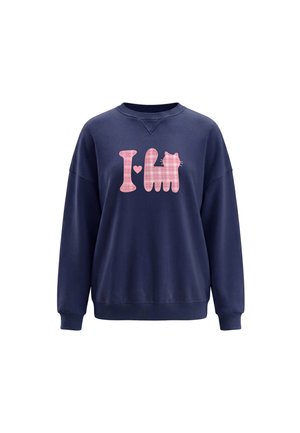 Marineblå langærmet sweatshirt med pink ternet design, der viser "I" med et hjerte og en katteform foran.