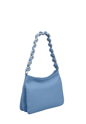 Light blue leather handbag with a shaped strap featuring alternating blue and silver chain links, smooth texture, and spacious body design.