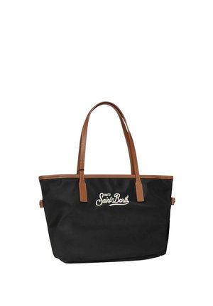 Borsa tote nera con manici e finiture in pelle marrone, con logo bianco "MC2 Saint Barth" sul davanti.