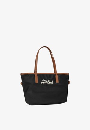 Borsa tote nera con manici e finiture in pelle marrone, con logo bianco "MC2 Saint Barth" sul davanti.