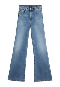 Wijde jeans in medium blauwe denim, met een klassiek ontwerp met vijf zakken, lichte vervaging en een knoopsluiting in de taille.