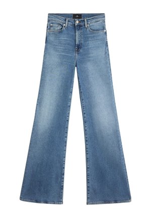 Dżinsy o szerokich nogawkach w średnim niebieskim denimu, z klasycznym designem pięciu kieszeni, lekkim wyblaknięciem i zapięciem na guzik w pasie.