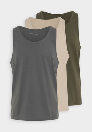 Three tank tops in gray, beige, and olive green. Made of soft fabric, they feature a rounded neckline and straight hem.