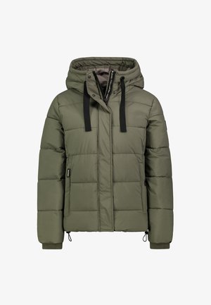Olive green padded winter jacket with hood, black drawstrings, front zipper covered by flap, and side pockets with ribbed cuffs.
