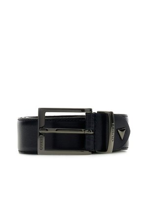 Cintura in pelle nera con fibbia rettangolare in metallo scuro e borchia decorativa triangolare vicino alla fine, posata in piano su sfondo bianco.