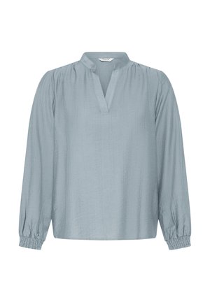 Himmelblaues Langarmbluse mit V-Ausschnitt und elastischen Bündchen, aus strukturiertem, zerknittertem Stoff für zusätzlichen Tiefeneffekt.