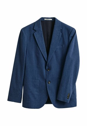 Blazer bleu marine pour homme, à simple boutonnage, avec revers crantés, deux poches plaquées frontales, deux boutons sur le devant et trois boutons aux poignets.
