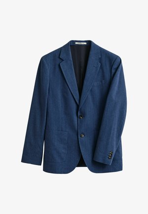 Blazer da uomo monopetto blu navy con rever a intaglio, due tasche applicate frontali, due bottoni e tre bottoni sui polsini.