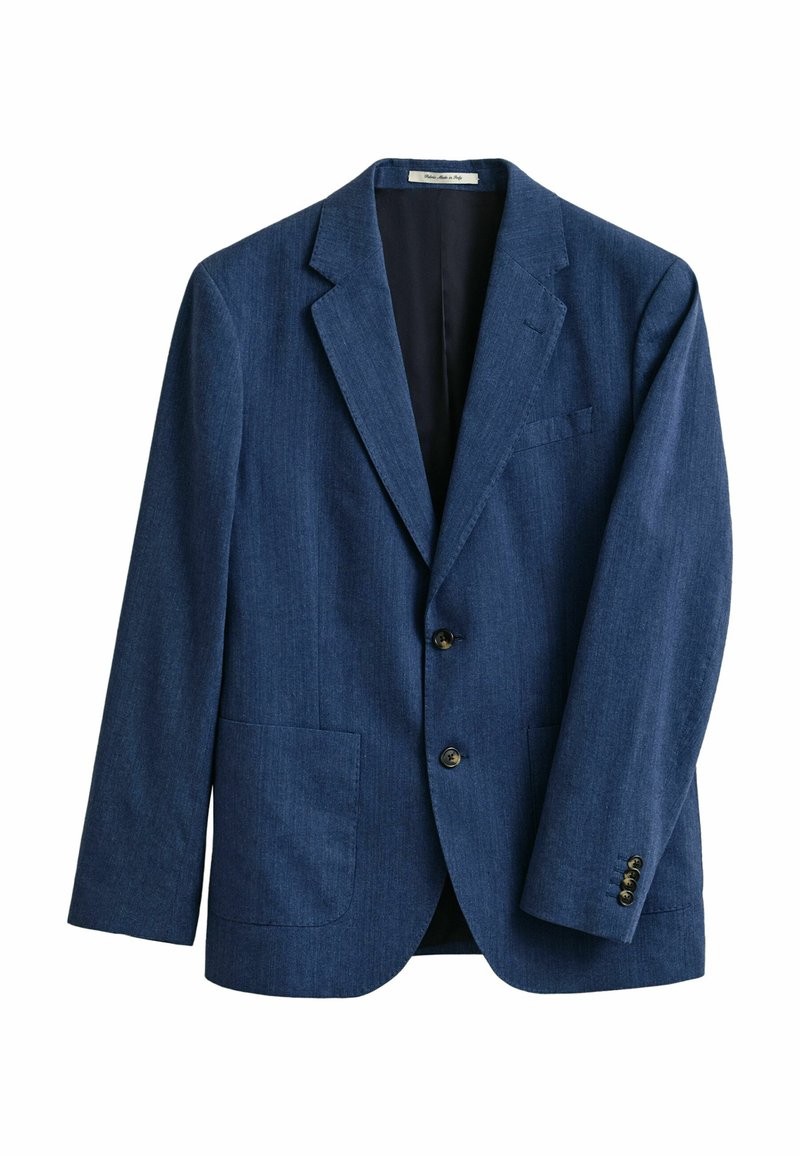 Blazer azul marino para hombre de un solo pecho con solapas con muesca, dos bolsillos frontales de parche, dos botones y tres botones en los puños.
