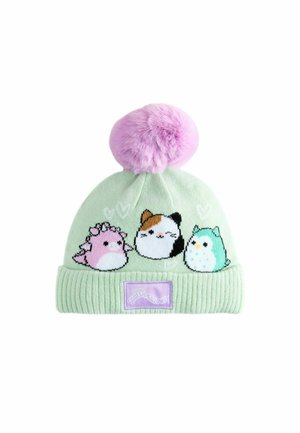 Light green knit beanie with a purple faux fur pom-pom, featuring three cartoon animals: a pink creature, a cat, and a green bird.