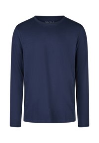 Granatowa koszulka z długim rękawem wykonana z miękkiej bawełny, z okrągłym dekoltem i prostym dołem. Gładka faktura, bez wzorów i ozdób.