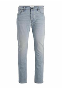 Jean en denim bleu clair avec une coupe droite, design à cinq poches, fermeture par bouton en métal et décoloration subtile le long des cuisses.