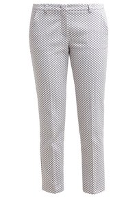 Szare spodnie z sześciokątnym wzorem w białym kolorze. Skrojony fason, prostą nogawką, średnim stanem i przednimi kieszeniami.
